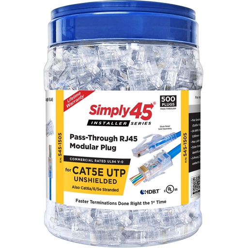 [S45-1505] Simply 45 :Pass Through Blue Tint - Cat5e UTP - 500pc Jar